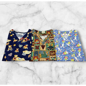 Vintage Scrub Tops Lot of 3 Size M Pockets Easter Bunny Angel Bear Sheriff Bear